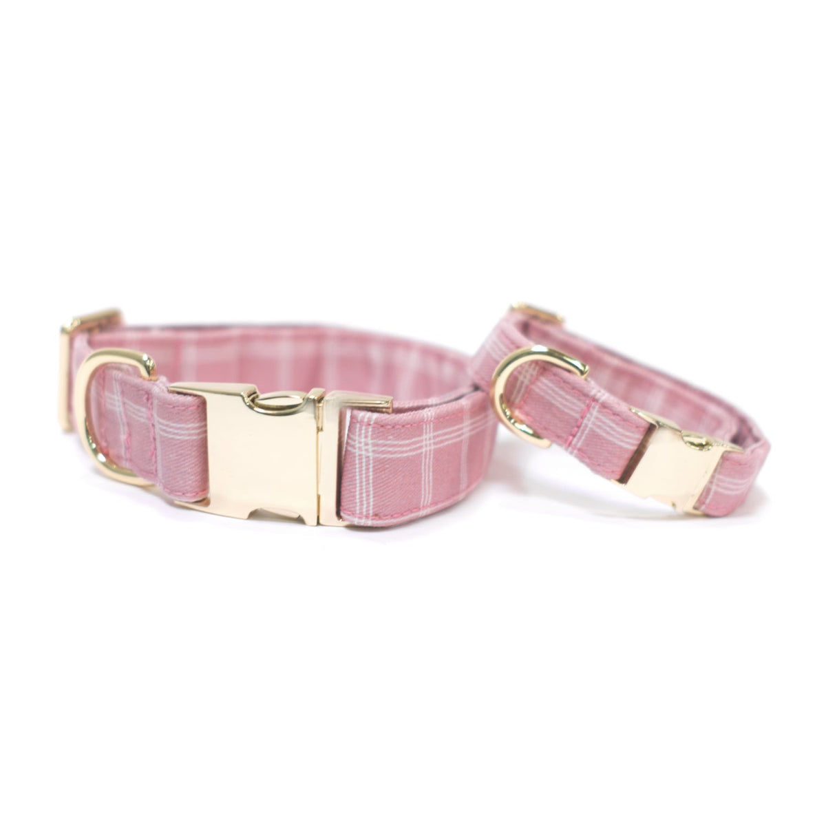 Pink windowpane dog collar with gold buckle and matching bow tie