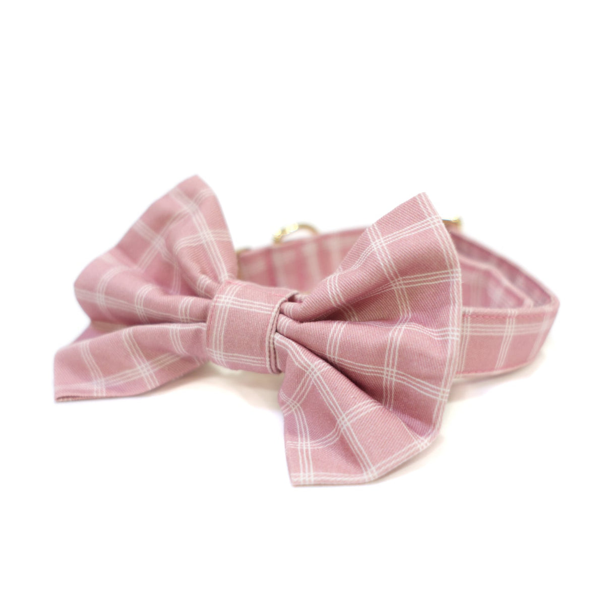 Pink windowpane dog bow tie with fabric knot center