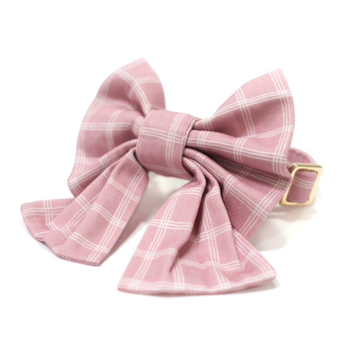 Pink windowpane dog collar with large sailor bow and gold-tone buckle