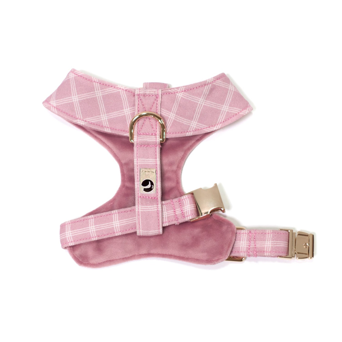 Reversible pink plaid dog harness with satin underside, gold hardware and ring