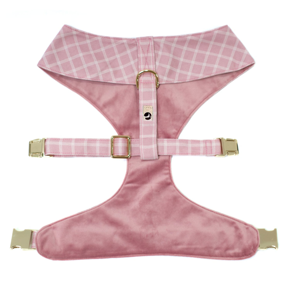 Pink satin-and-plaid dog harness with gold buckles and adjustable straps