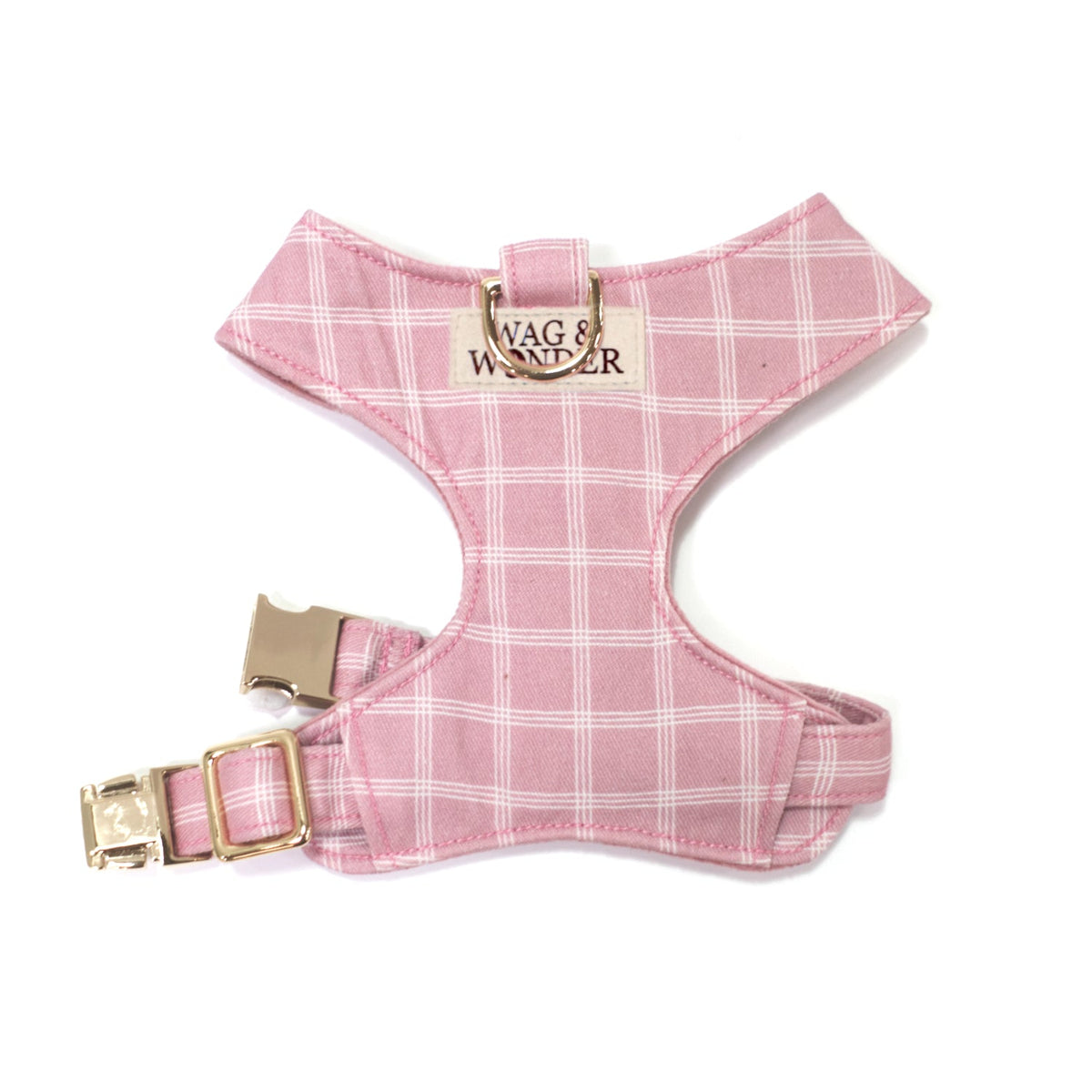 Pink plaid reversible dog harness with sailor bow, adjustable gold buckles