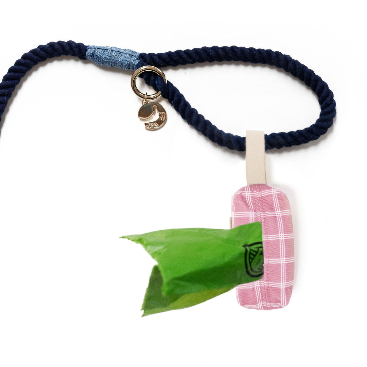 Navy rope waste bag holder with charm and hanging pink plaid pouch