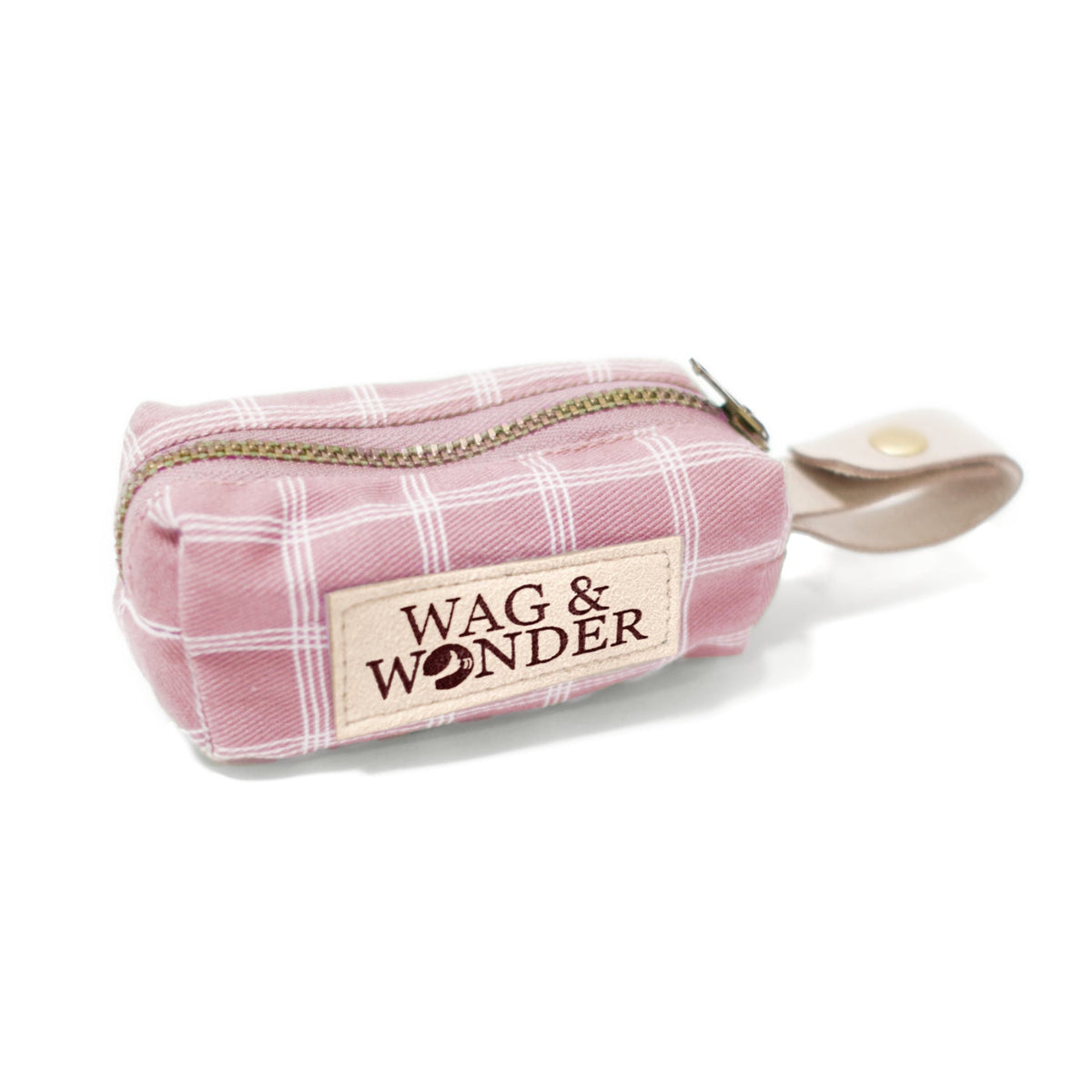 Pink windowpane plaid waste bag holder pouch with gold zipper and WAG & WONDER label