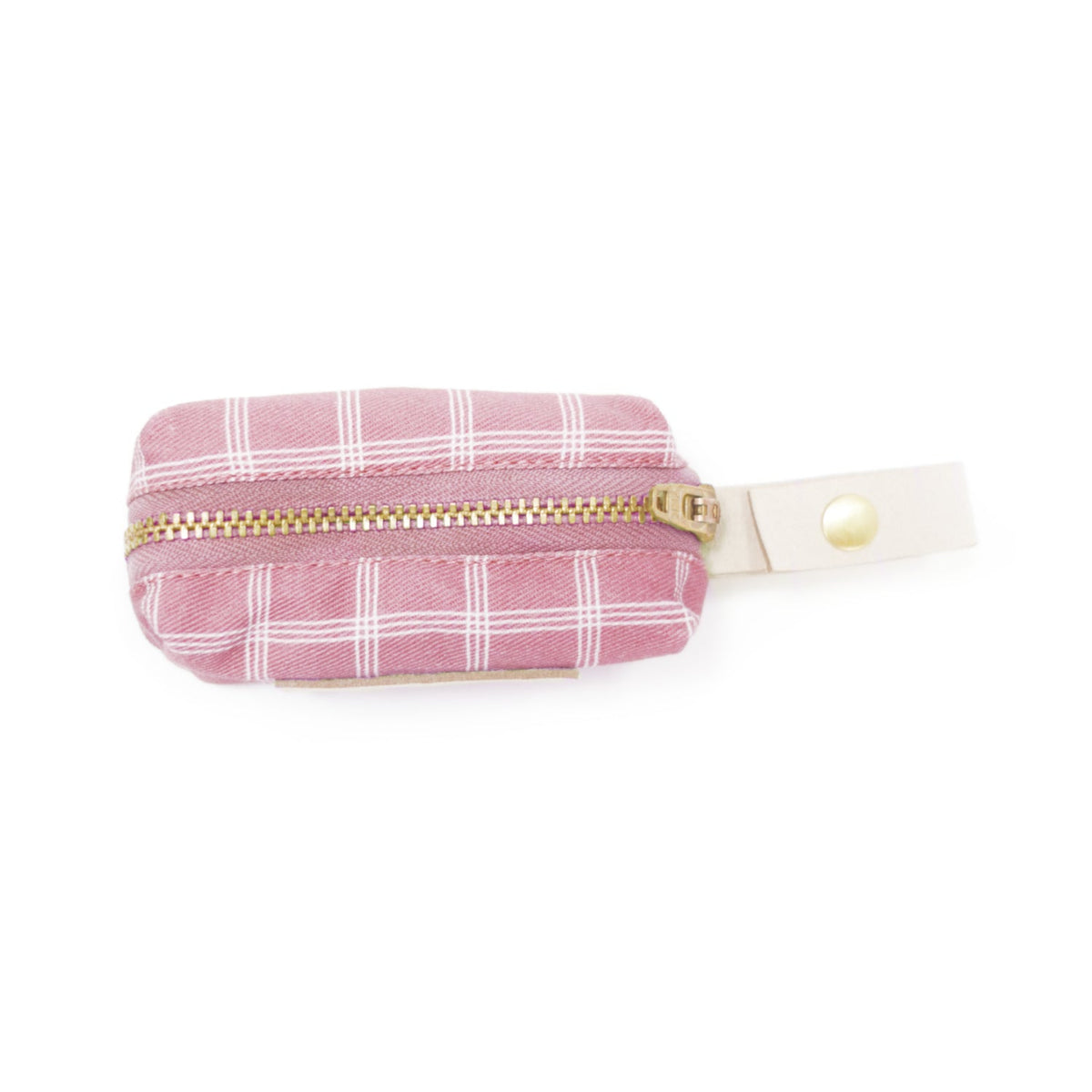 Pink plaid waste bag holder pouch with gold zipper and white snap strap tab