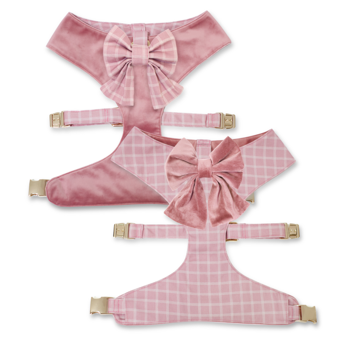 Pink reversible dog harness with plaid panel and satin sailor bow