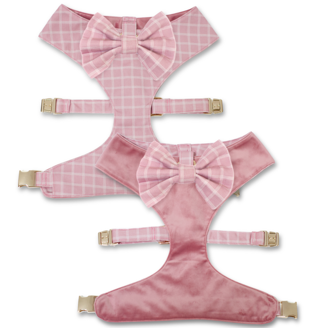 Reversible dog harness with pink plaid bow tie and satin backing, adjustable buckles