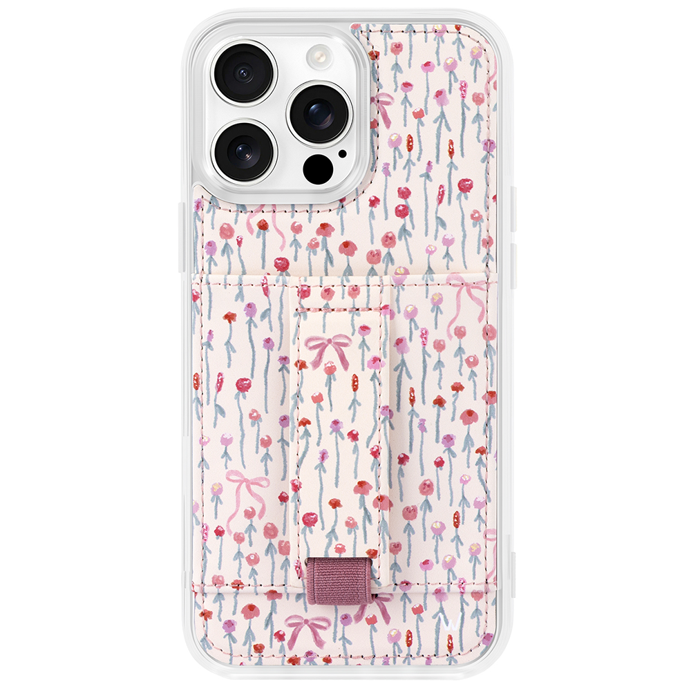 Clear phone case with pink and blue floral pattern, shown front with wrist strap