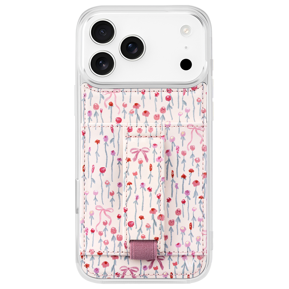 Rose garden phone case with clear sides and pink floral vine pattern, bow charm detail