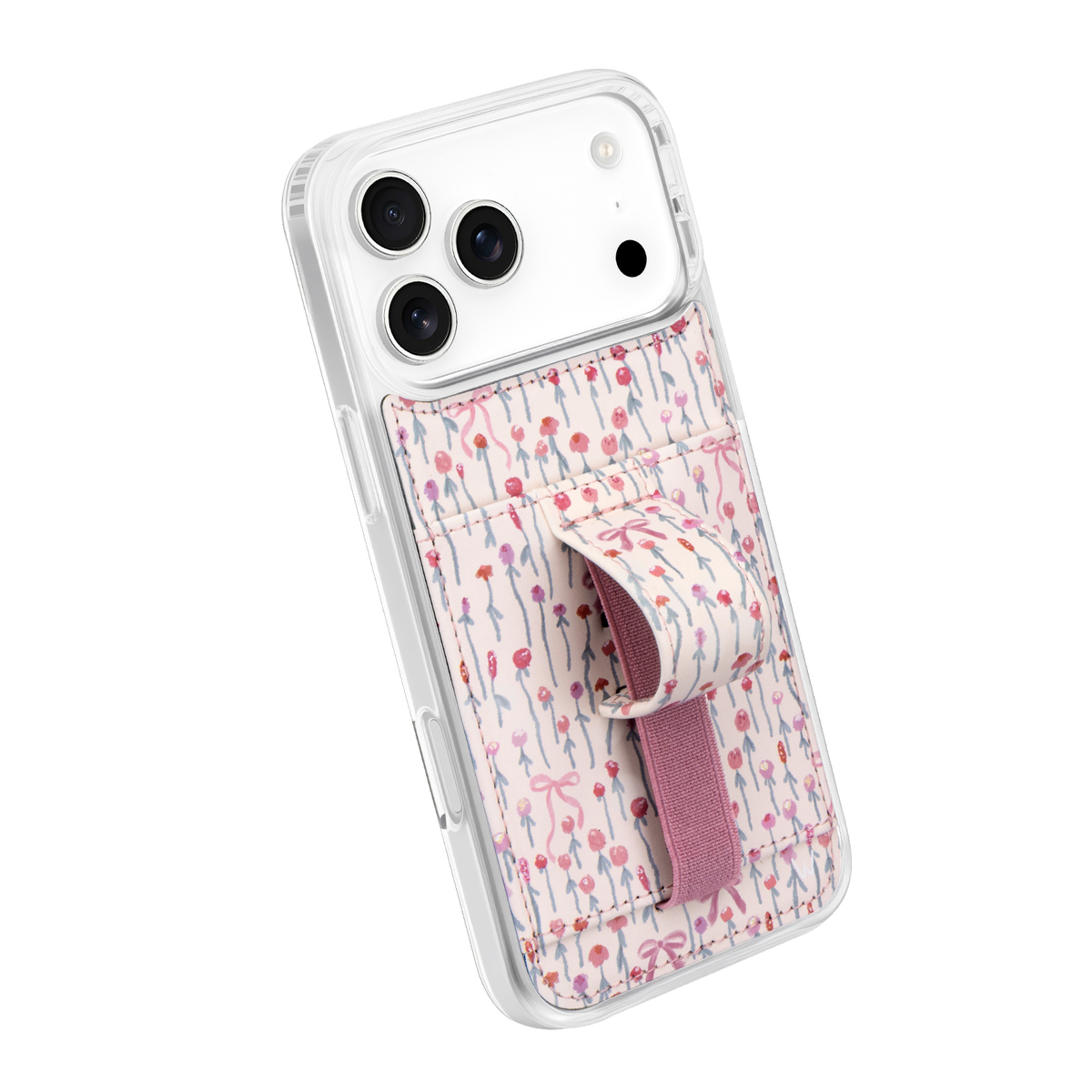 Clear phone case with pink and blue floral pattern and dark wrist-strap pocket
