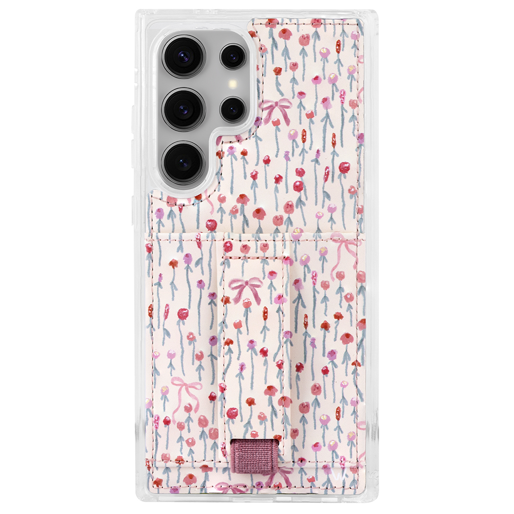 Clear phone case with pink and blue floral pattern, back with camera cutouts and strap