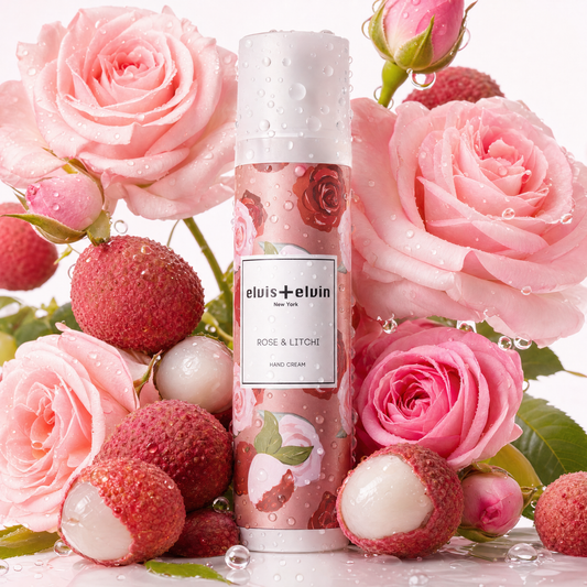 Rose & litchi hand cream bottle with pink floral pattern and label, elvis+elvin