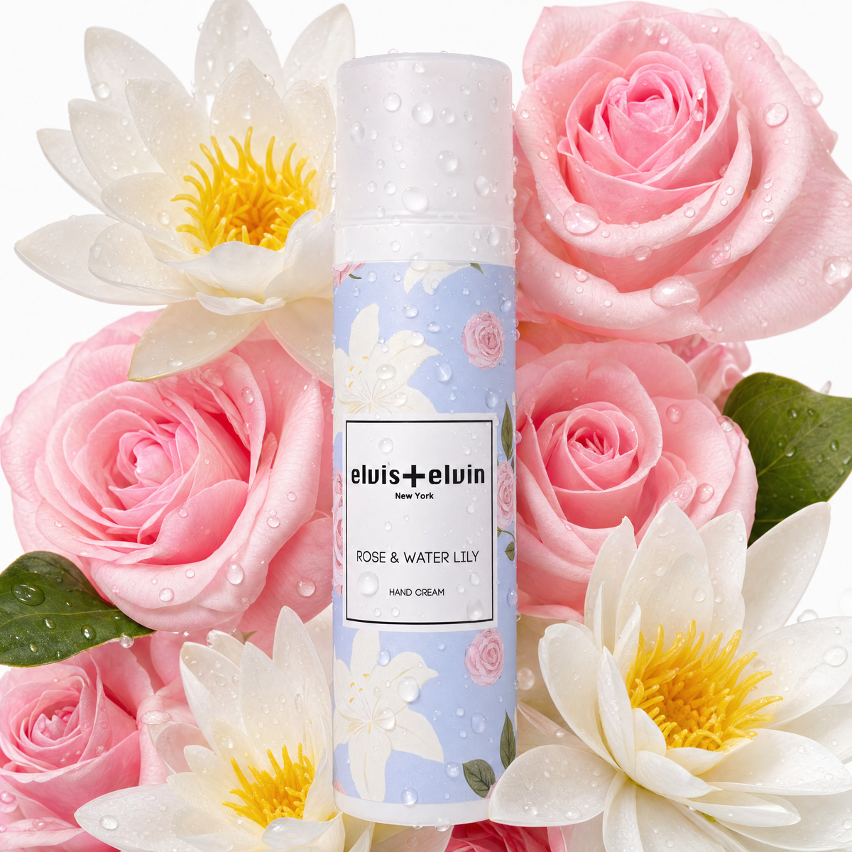 elvis+elvin Rose & Water Lily hand cream bottle with floral label and white cap