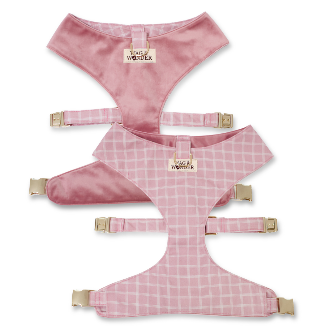 Reversible pink dog harness with plaid body, satin trim, gold adjustable straps