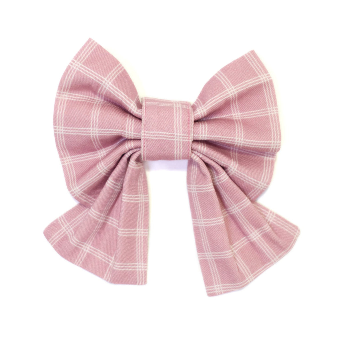 Pink plaid sailor bow with gathered knot and matching fabric tails
