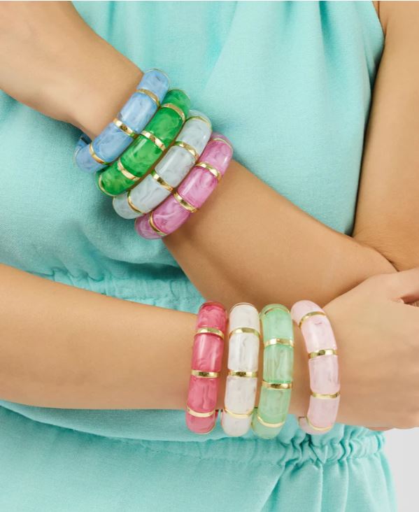 Colorful link bracelet with green, pink, white, and blue segments