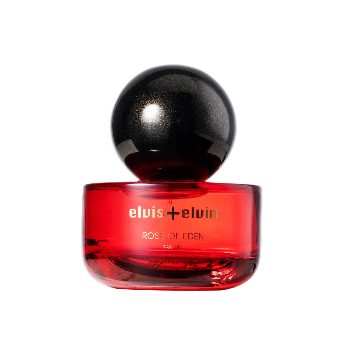 Rose of Eden perfume bottle, red glass with black spherical cap