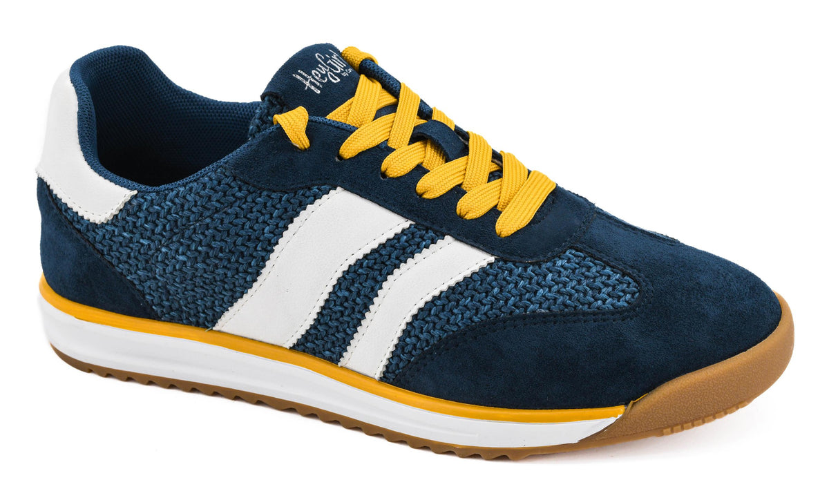 Blue athletic sneaker with white stripes, yellow laces, knit upper, gum sole