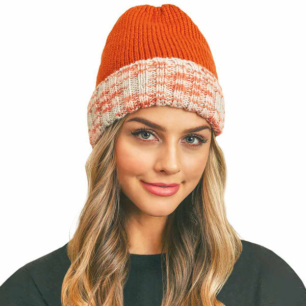 Orange knit fleece beanie with heather pink multicolor band and folded cuff