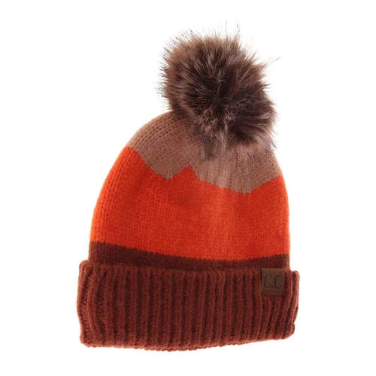Color block knit beanie with pom, rust orange and taupe stripes, ribbed dark brown cuff
