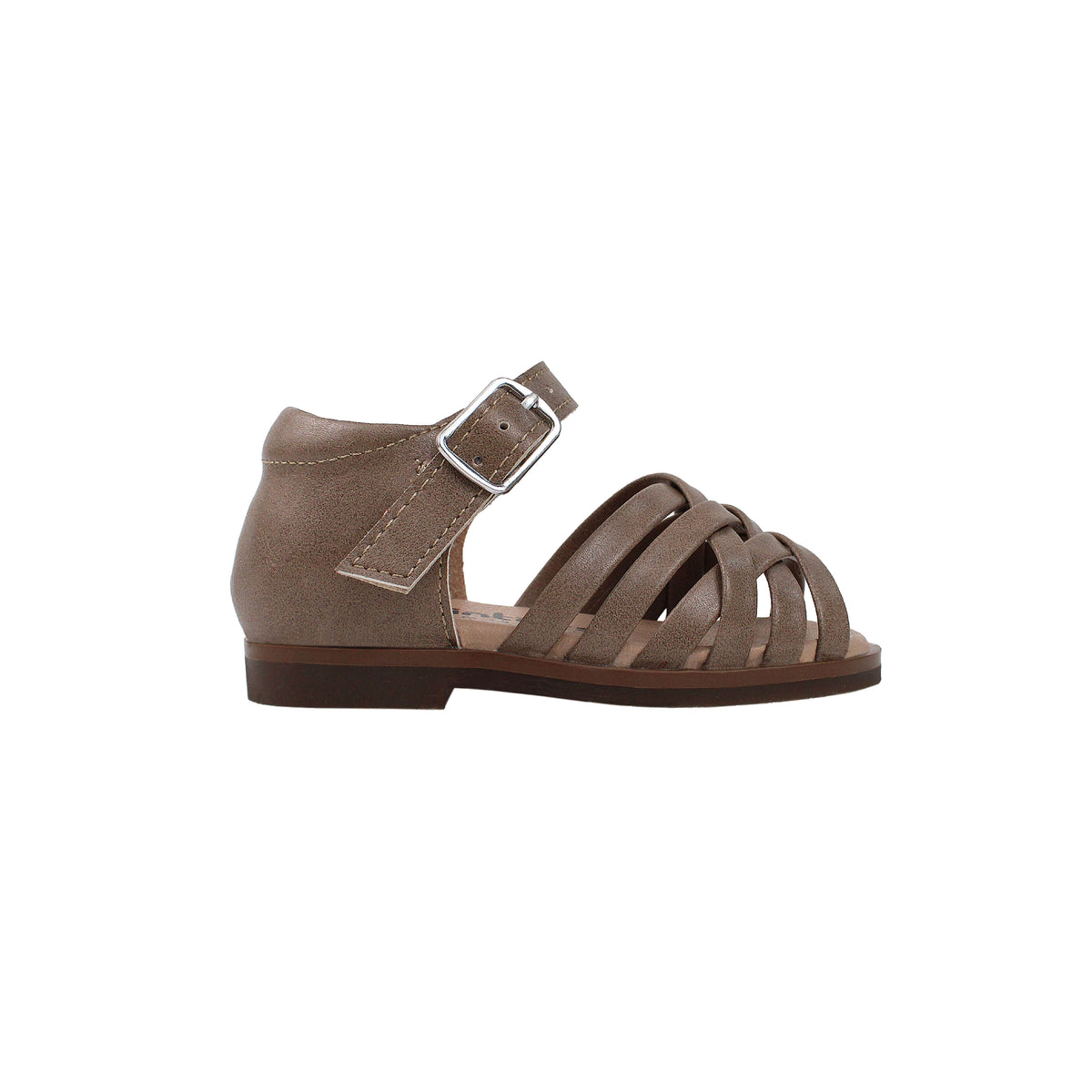 Dark taupe leather sandal with buckled ankle strap and woven crisscross straps