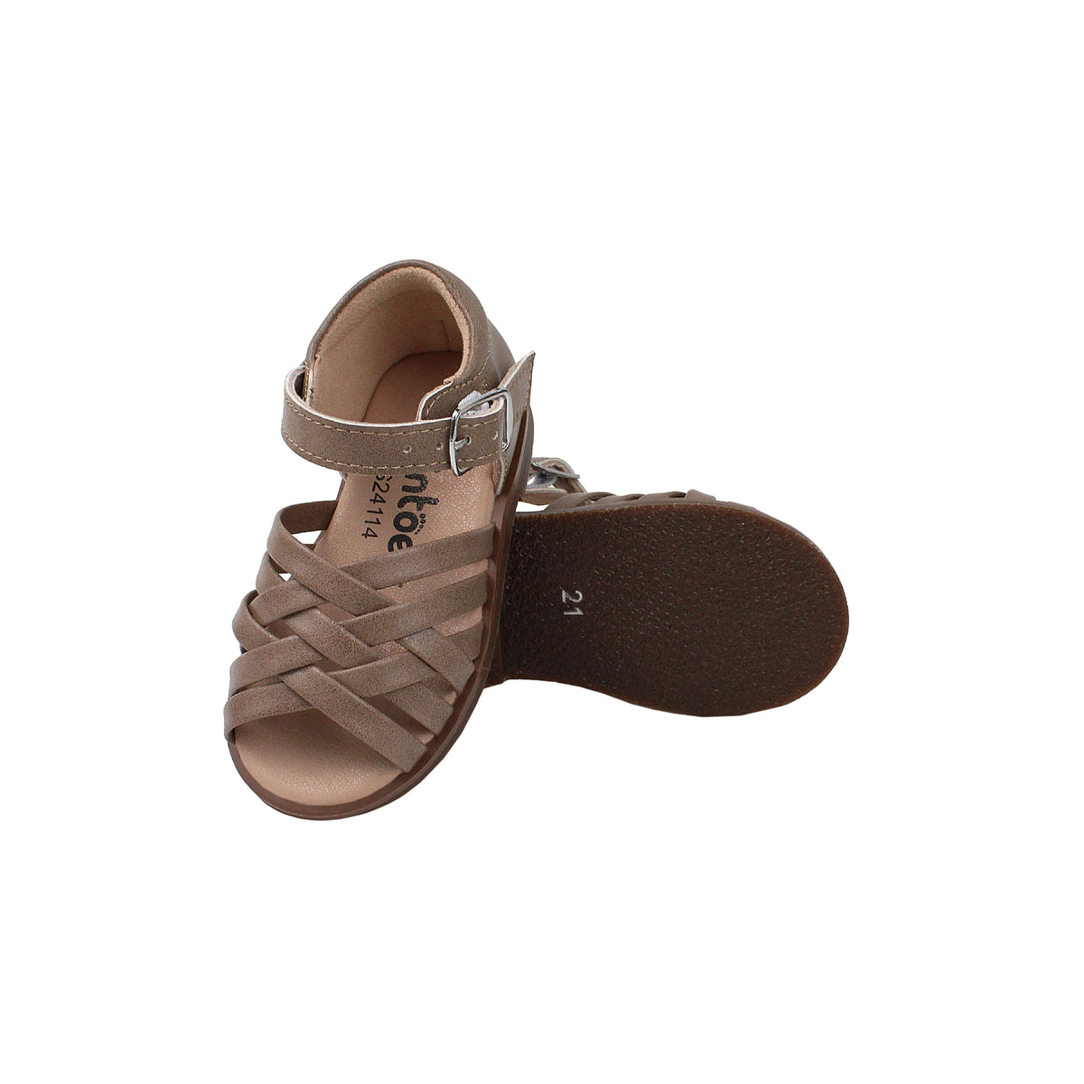 Dark taupe leather sandal pair with open toe, ankle buckle, and braided forefoot