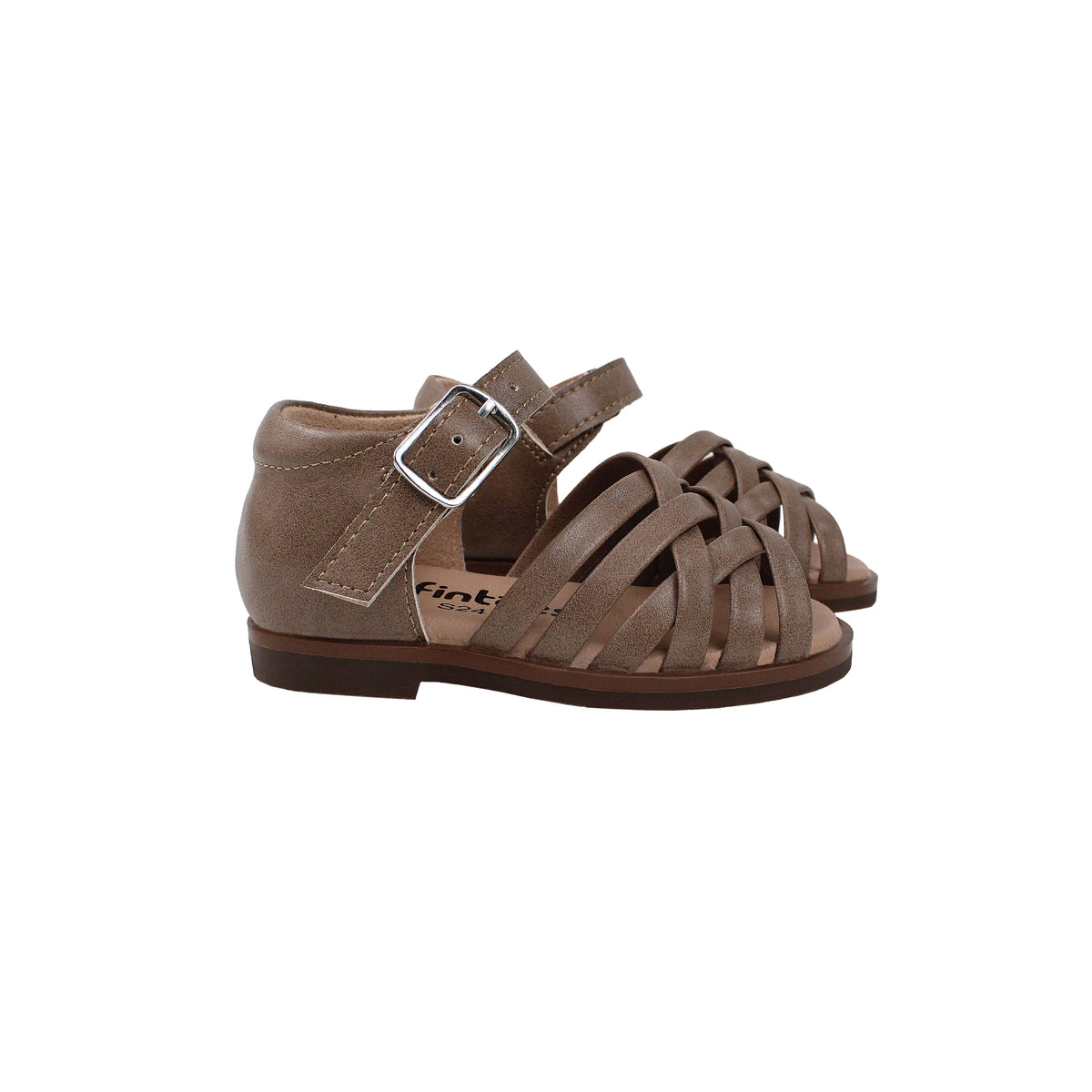 Dark taupe leather sandal with buckle strap and woven straps, side view