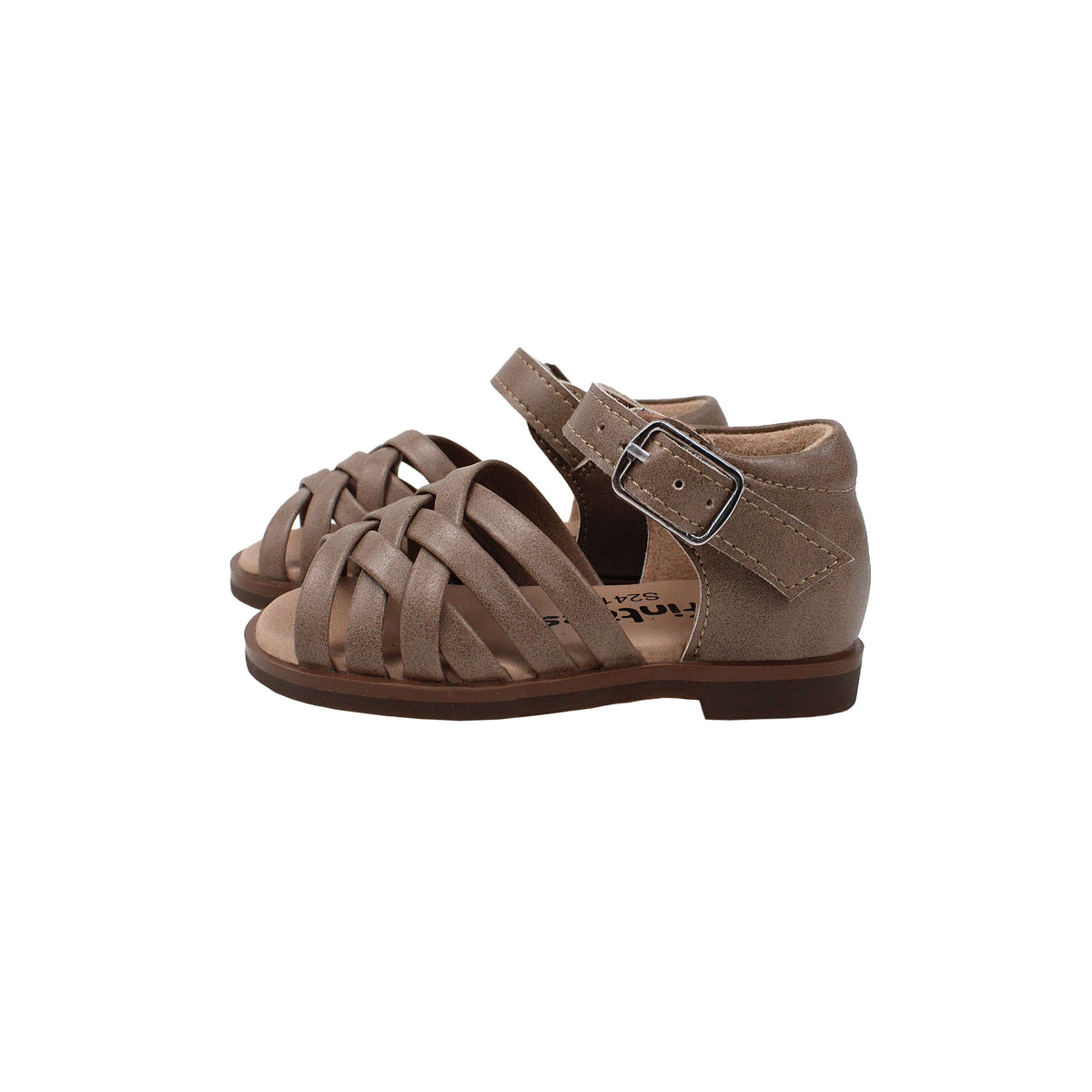 Dark taupe leather sandals with braided straps and buckle ankle, outsole visible