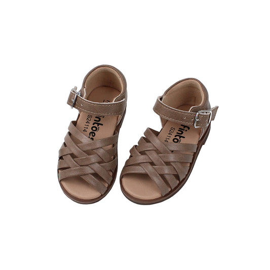 Dark taupe leather gladiator sandals with buckle strap and braided upper