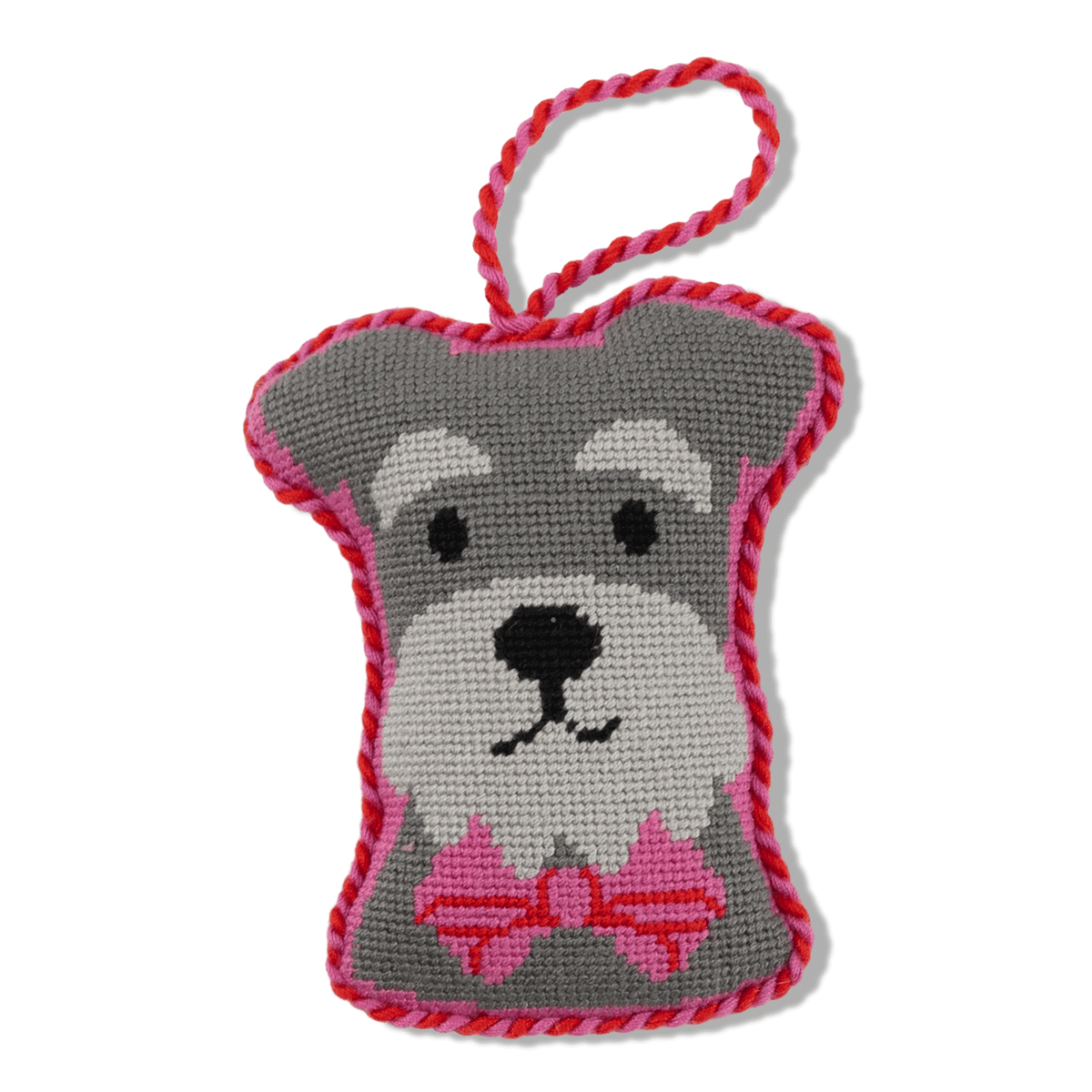 Needlepoint Schnauzer icon ornament, gray dog face with pink collar and ribbon loop