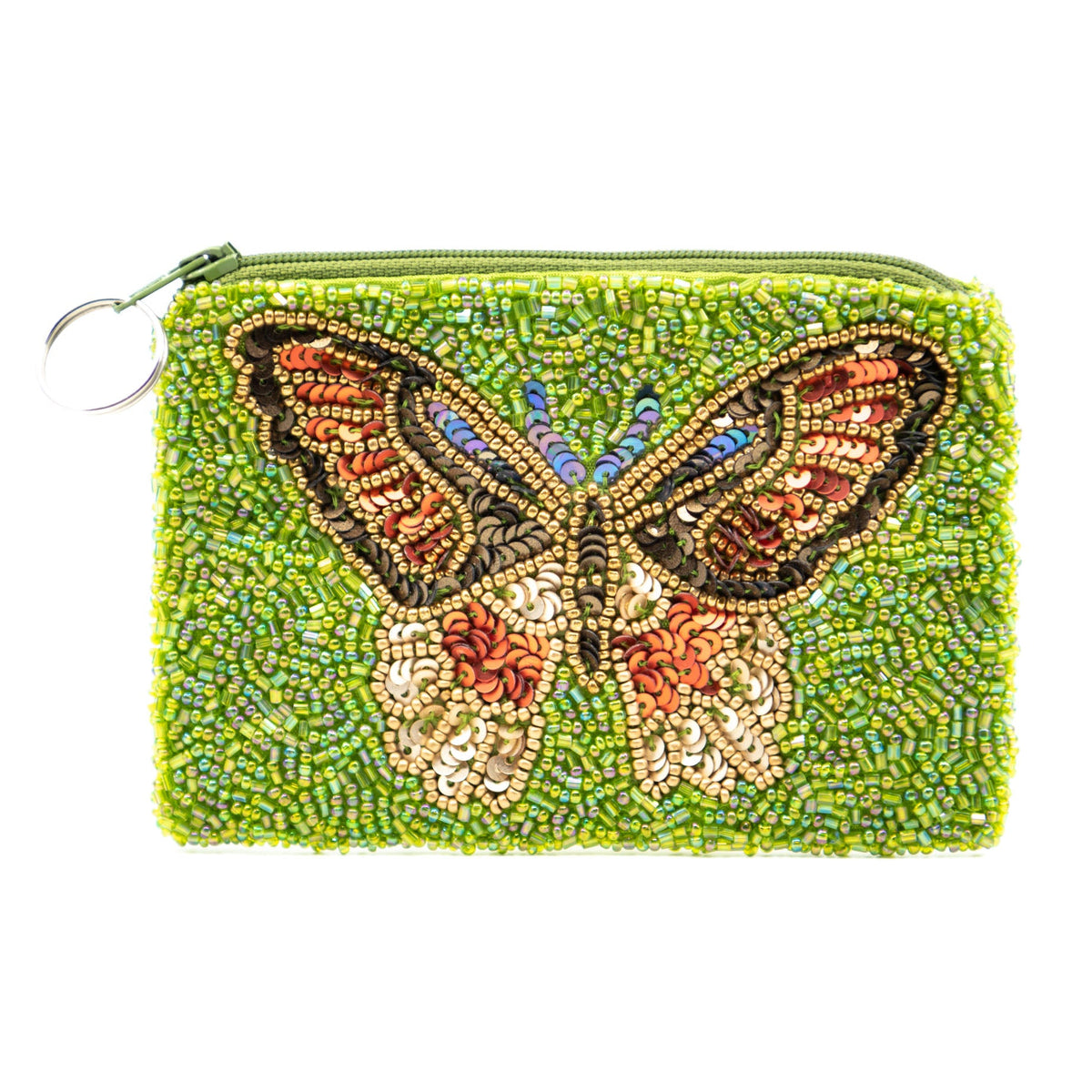Green beaded butterfly zip pouch with round keychain tag loop