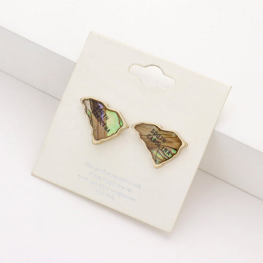 Abalone South Carolina map stud earrings with gold-tone backing