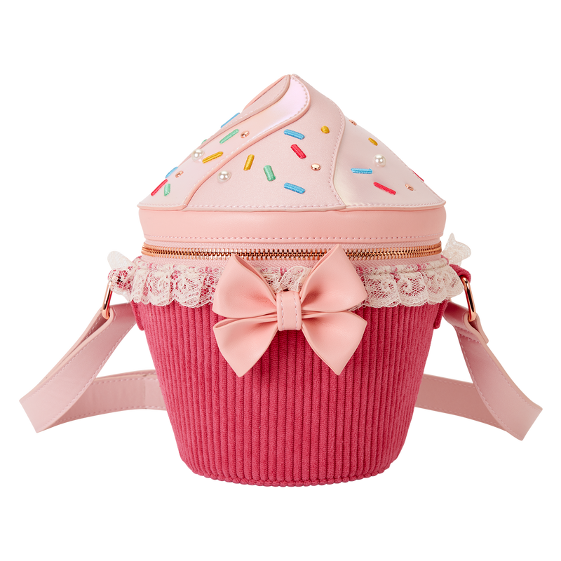 Loungefly cupcake crossbody bag with pink frosting top, colorful sprinkles, lace trim and bow