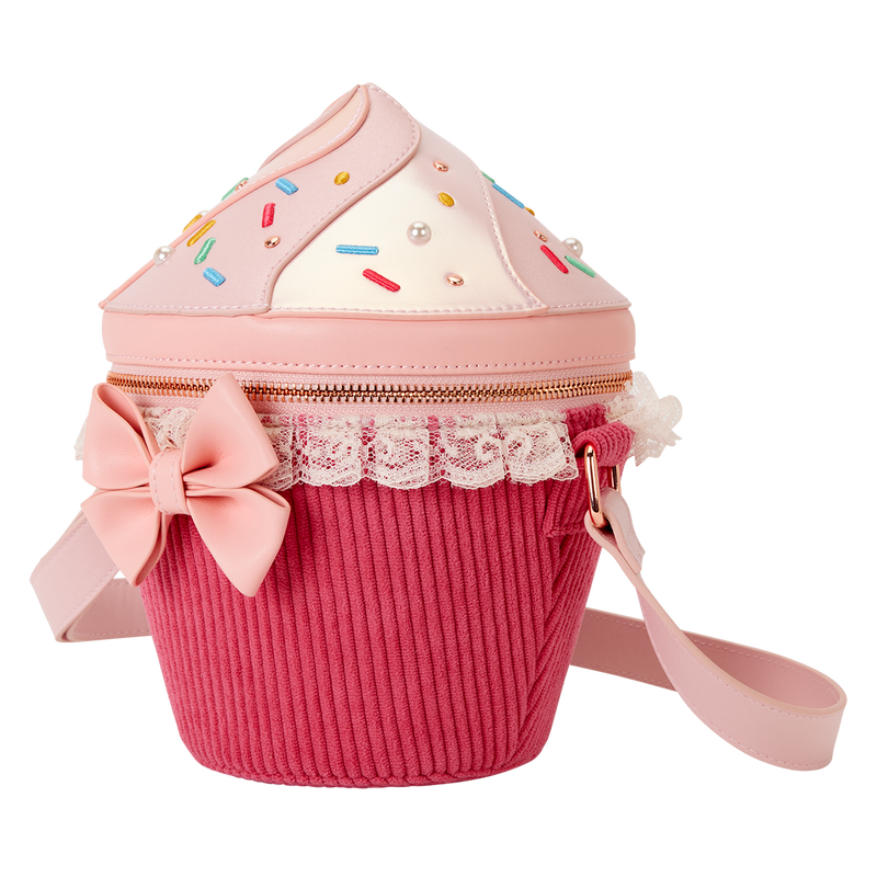 Loungefly cupcake bag front view with lace trim, pink bow and ribbed body