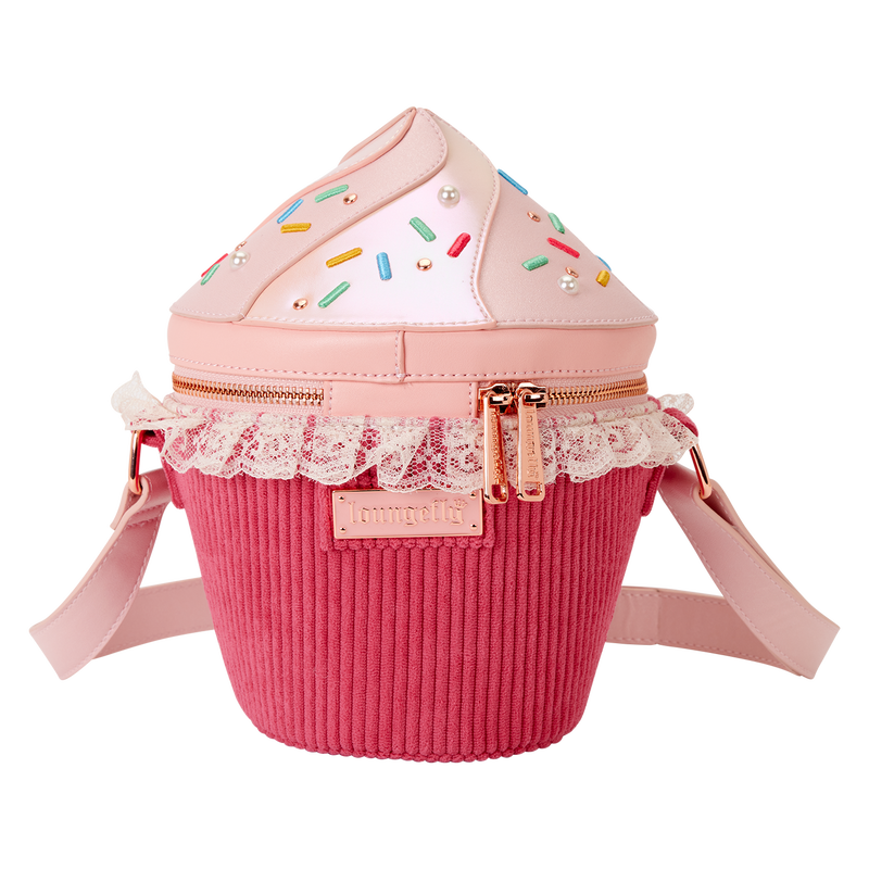 Loungefly cupcake bag back view with zipper, lace trim and logo plaque