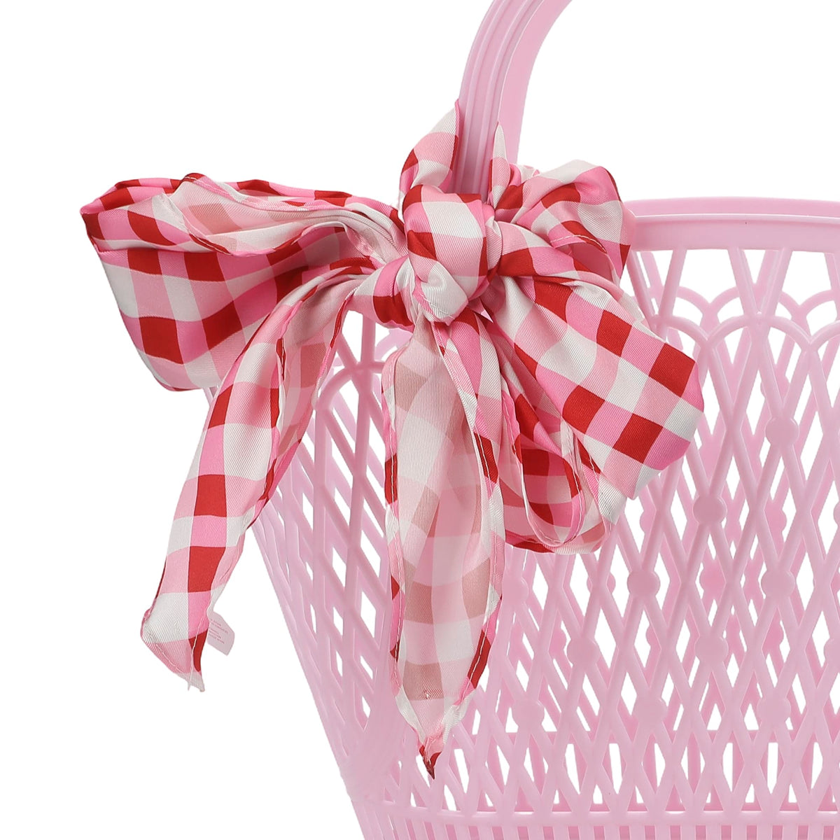 Red and white gingham scarf tied into a large pink bow