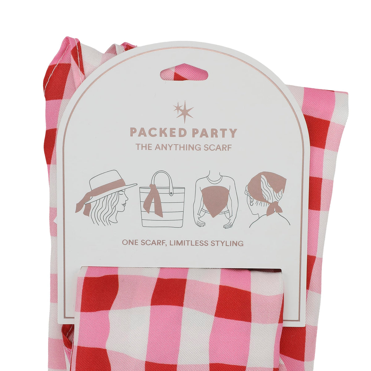 Gingham scarf set display sleeve with folded red-and-white scarf