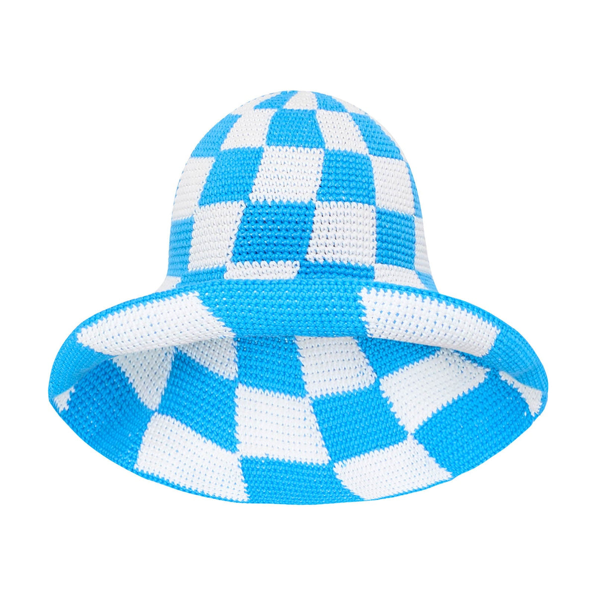 Light blue and white checkered crochet bucket hat with wide floppy brim