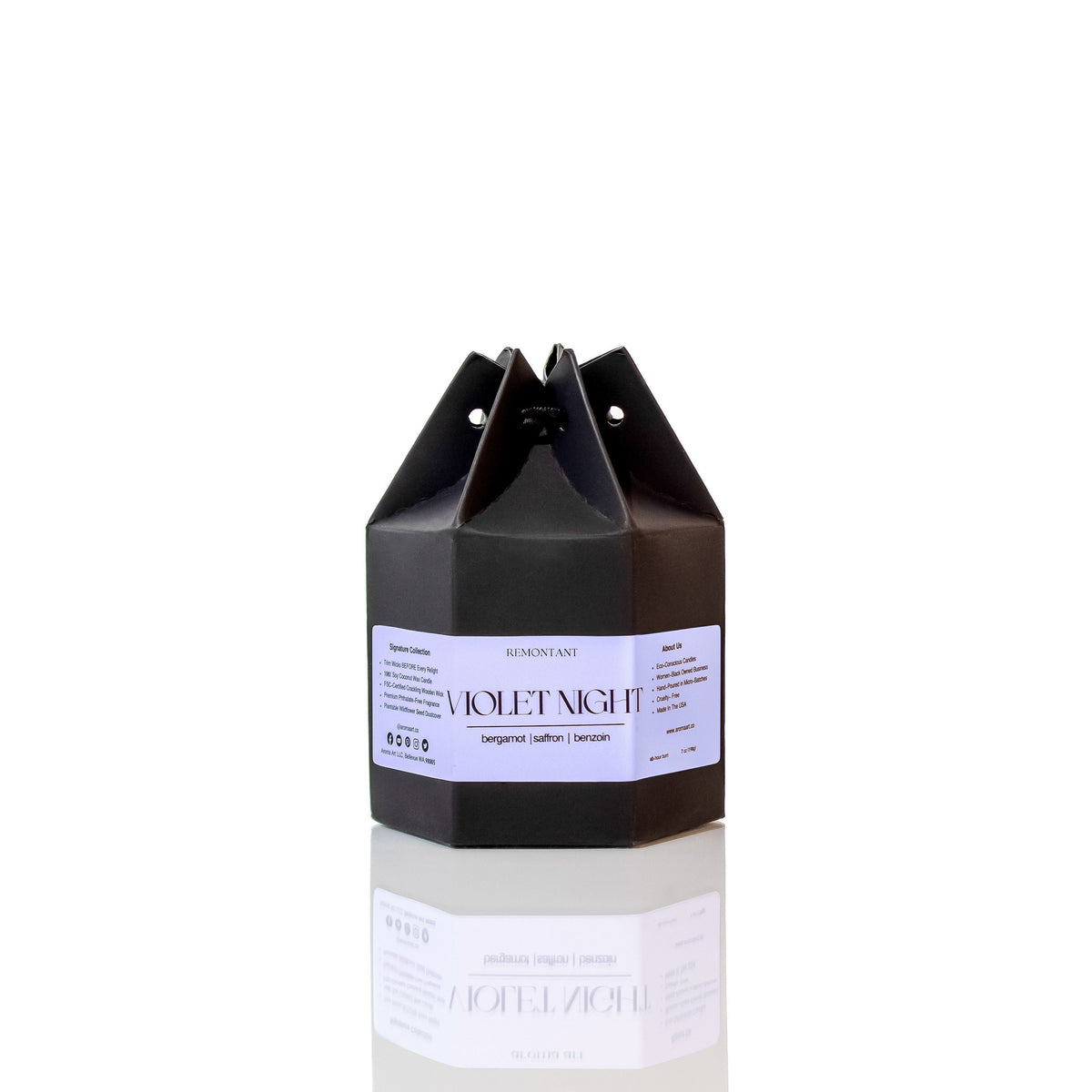 Violet Night candle in a black package with a lavender label