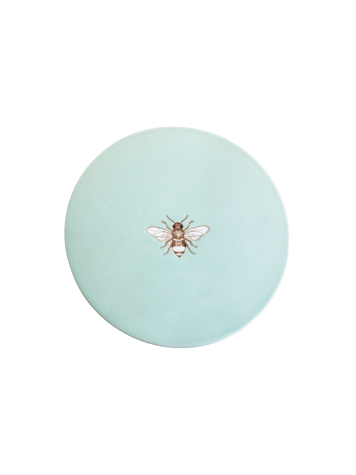 Celadon ceramic cake stand with centered bee motif on round top
