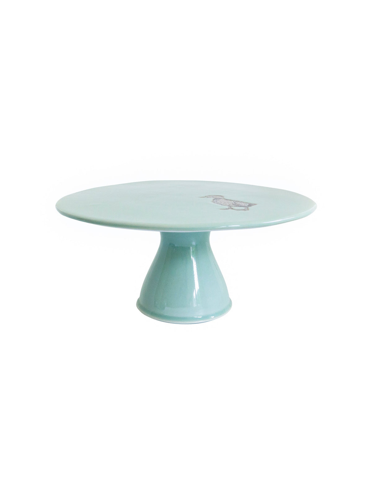 Celadon ceramic cake stand with animal motif on round top, pedestal base