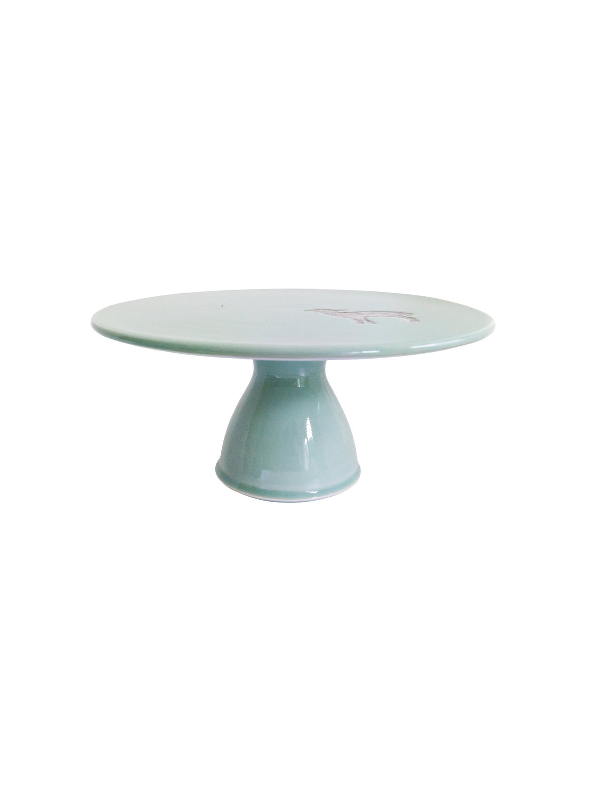 Celadon ceramic cake stand with rabbit motif on round top