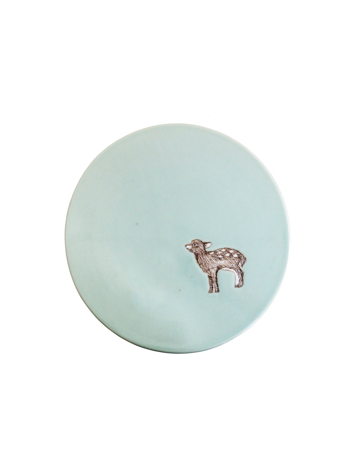 Celadon ceramic cake stand with standing animal figure relief on round top