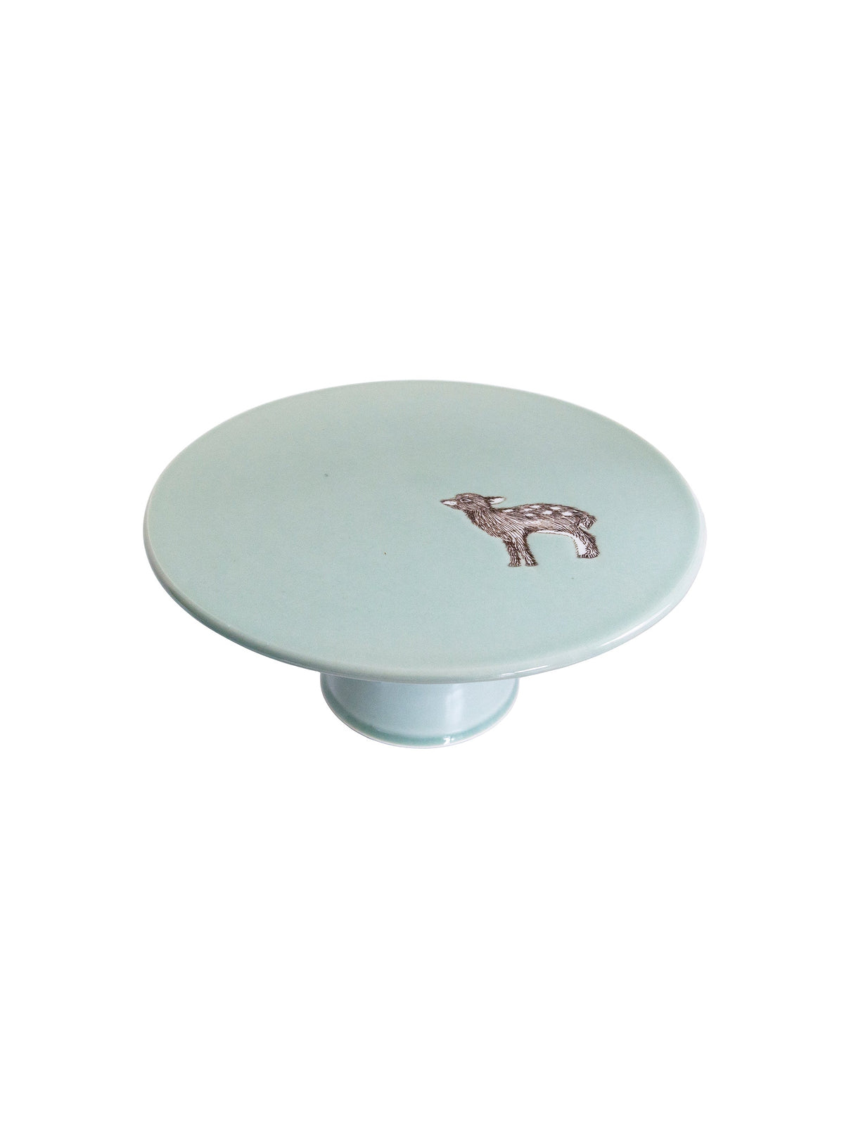 Celadon ceramic cake stand with small animal motif on round top