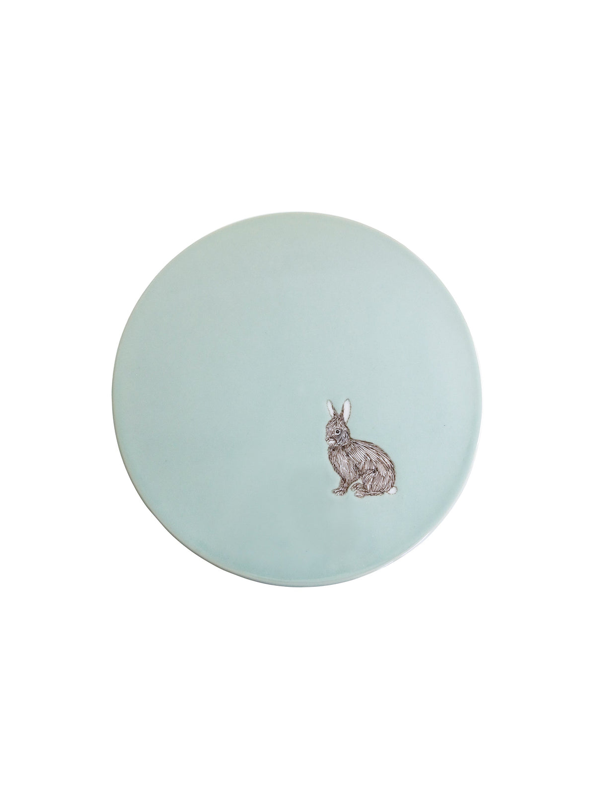 Celadon ceramic cake stand with rabbit figure relief on round top