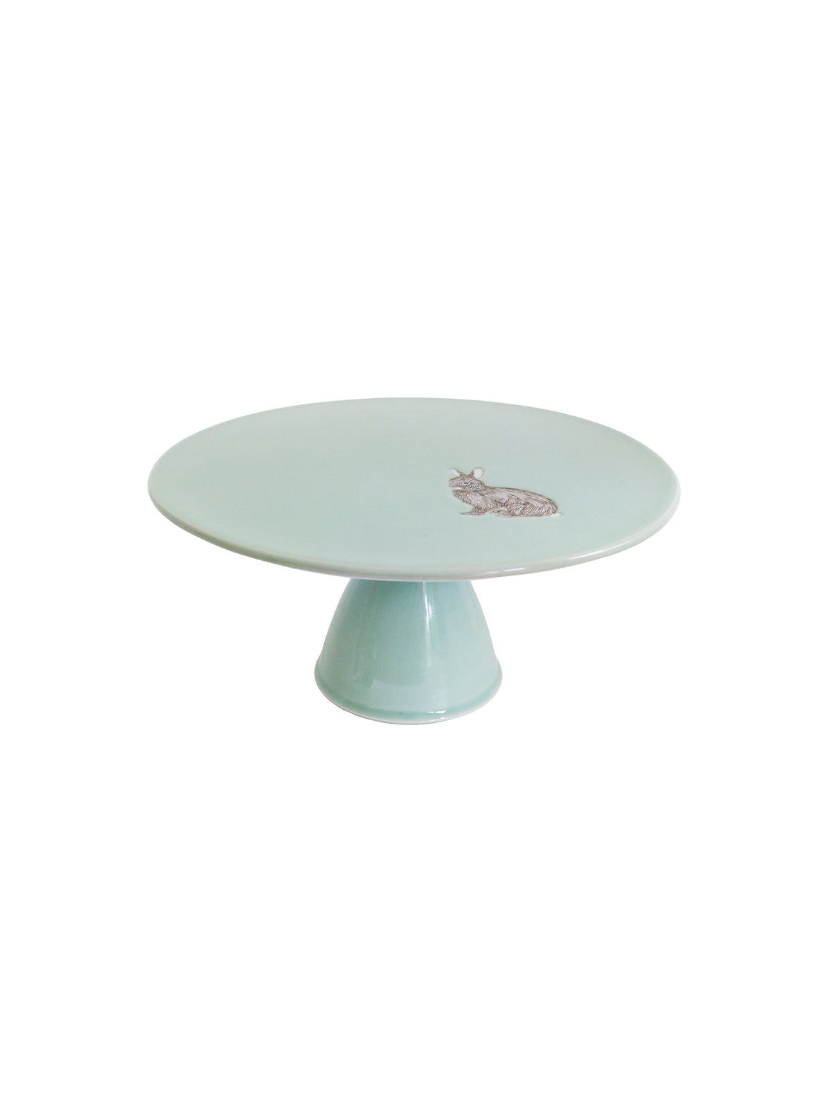 Celadon ceramic cake stand with small animal motif on round top
