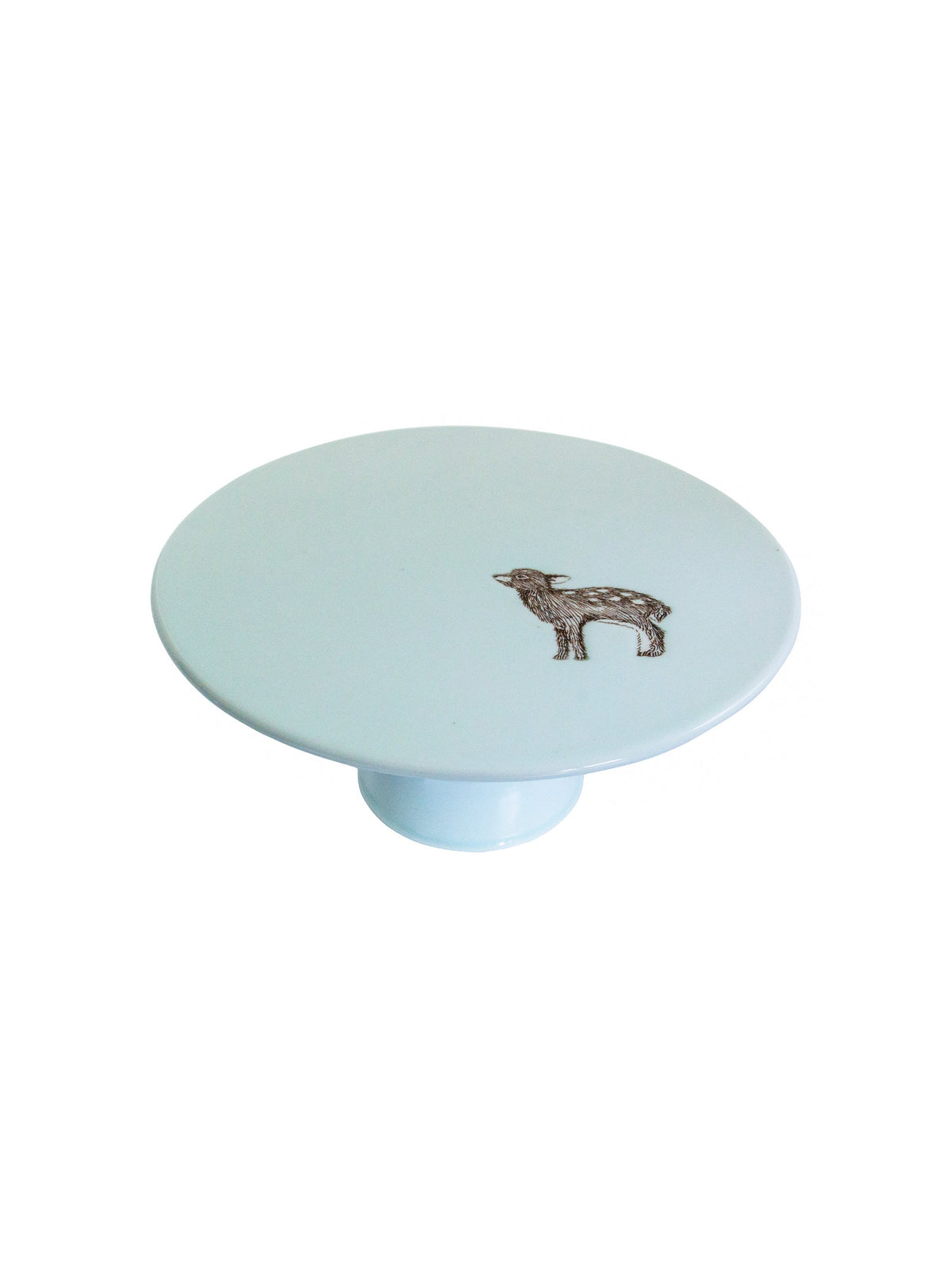 Celadon ceramic cake stand with small duck figurine on round top, side view