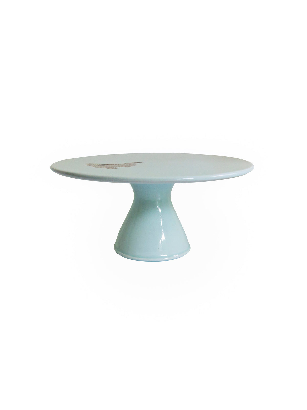 Celadon ceramic cake stand with animal motif on round top, pedestal base