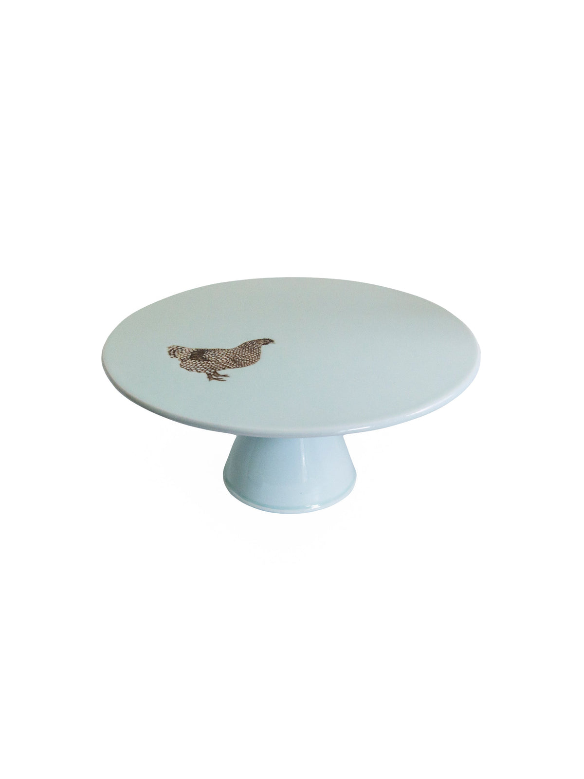 Celadon ceramic cake stand with chicken figure relief on round top