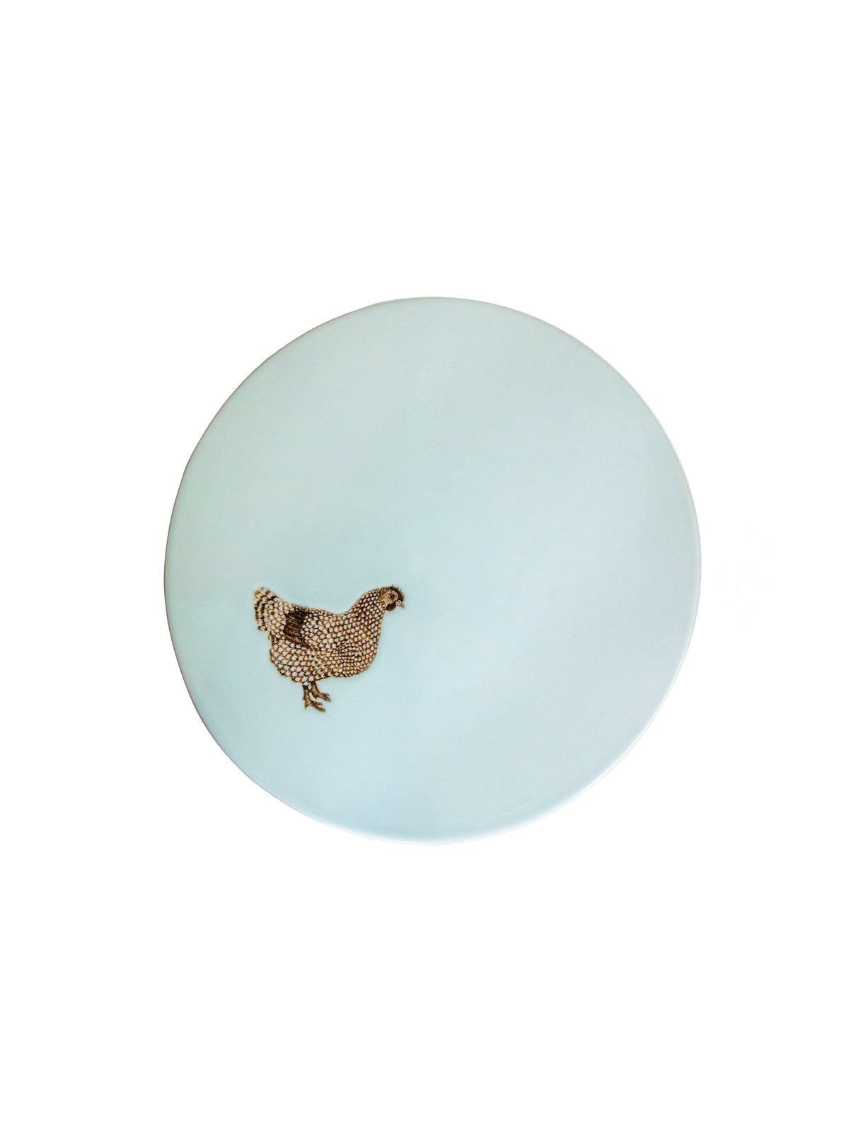 Celadon ceramic cake stand with speckled chicken figure relief on round top